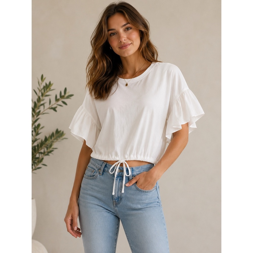 Express White Cotton Ruffle Sleeve Drawstring Hem Cropped Top Small